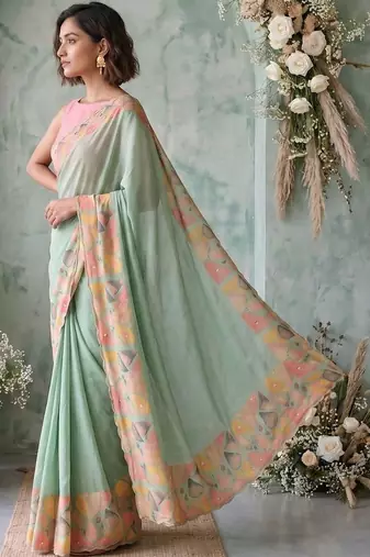 Sea green aari work poly chiffon saree