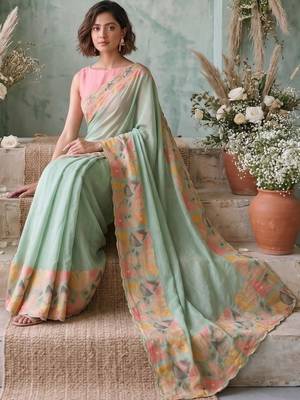 Sea green aari work poly chiffon saree 4