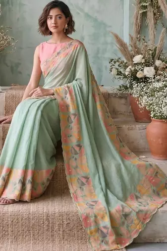 Sea green aari work poly chiffon saree
