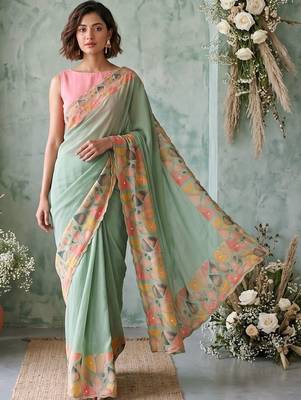 Sea green aari work poly chiffon saree 5