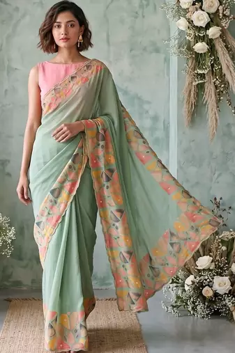 Sea green aari work poly chiffon saree