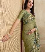 Green floral aari work printed poly chiffon saree