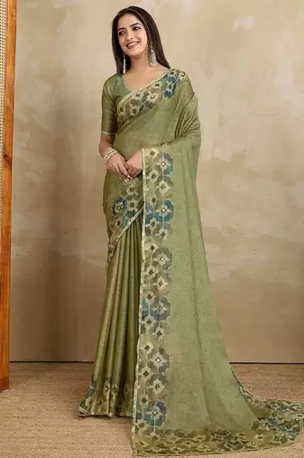 Green floral aari work printed poly chiffon saree