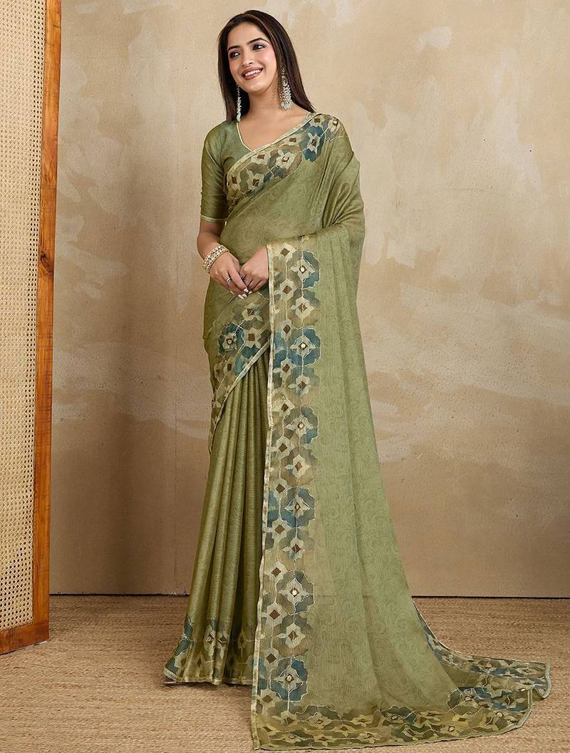 Green floral aari work printed poly chiffon saree