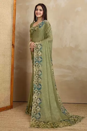 Green floral aari work printed poly chiffon saree