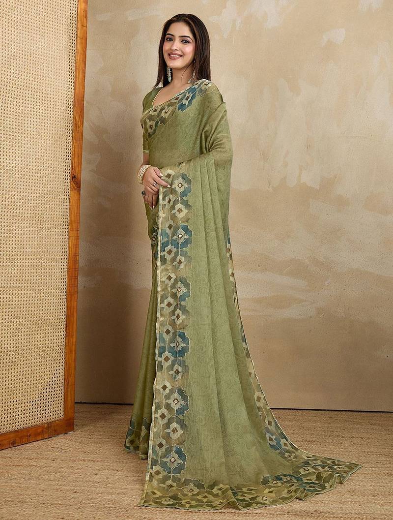 Green floral aari work printed poly chiffon saree