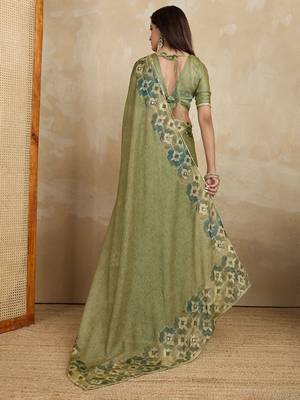 Green floral aari work printed poly chiffon saree 4