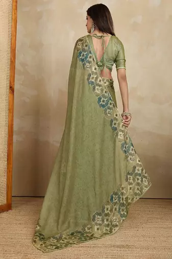 Green floral aari work printed poly chiffon saree