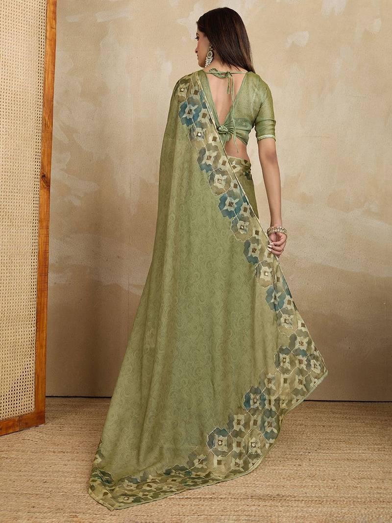Green floral aari work printed poly chiffon saree