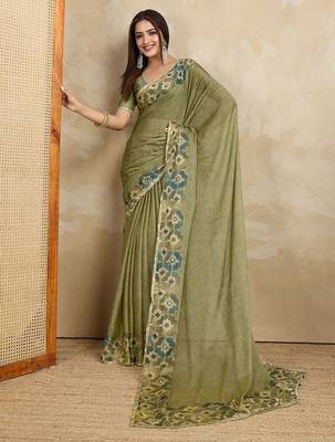 Green floral aari work printed poly chiffon saree 5