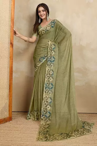 Green floral aari work printed poly chiffon saree