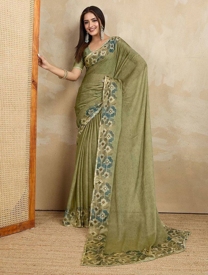Green floral aari work printed poly chiffon saree