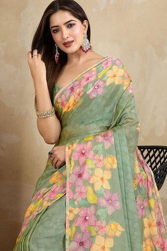 Green floral mirror work poly chiffon saree