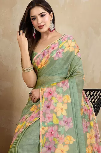 Green floral mirror work poly chiffon saree