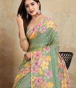 Green floral mirror work poly chiffon saree