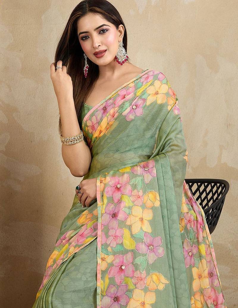 Green floral mirror work poly chiffon saree