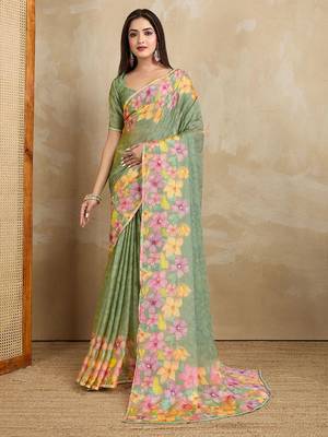 Green floral mirror work poly chiffon saree 2