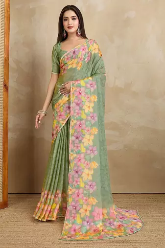 Green floral mirror work poly chiffon saree