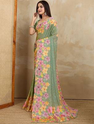 Green floral mirror work poly chiffon saree 3