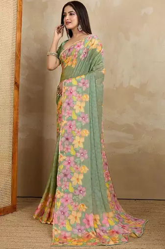 Green floral mirror work poly chiffon saree