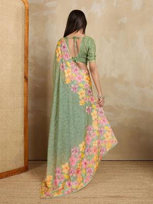 Green floral mirror work poly chiffon saree 4