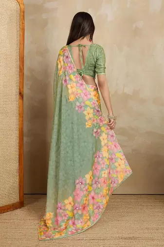 Green floral mirror work poly chiffon saree
