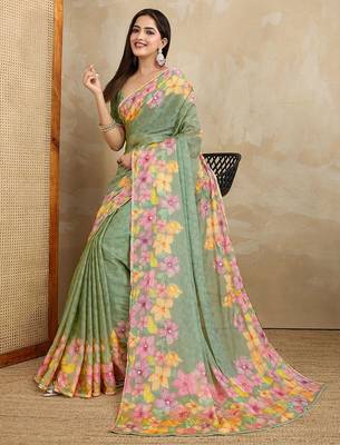 Green floral mirror work poly chiffon saree 5