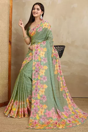 Green floral mirror work poly chiffon saree