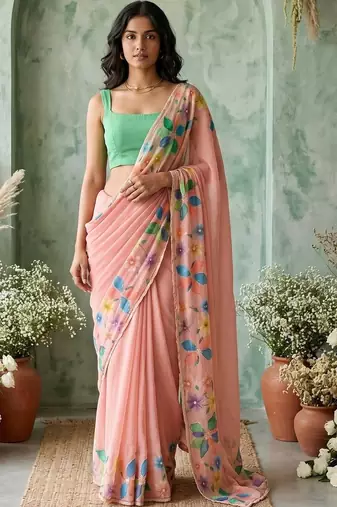 Peach floral aari work poly chiffon saree