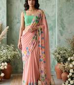 Peach floral aari work poly chiffon saree