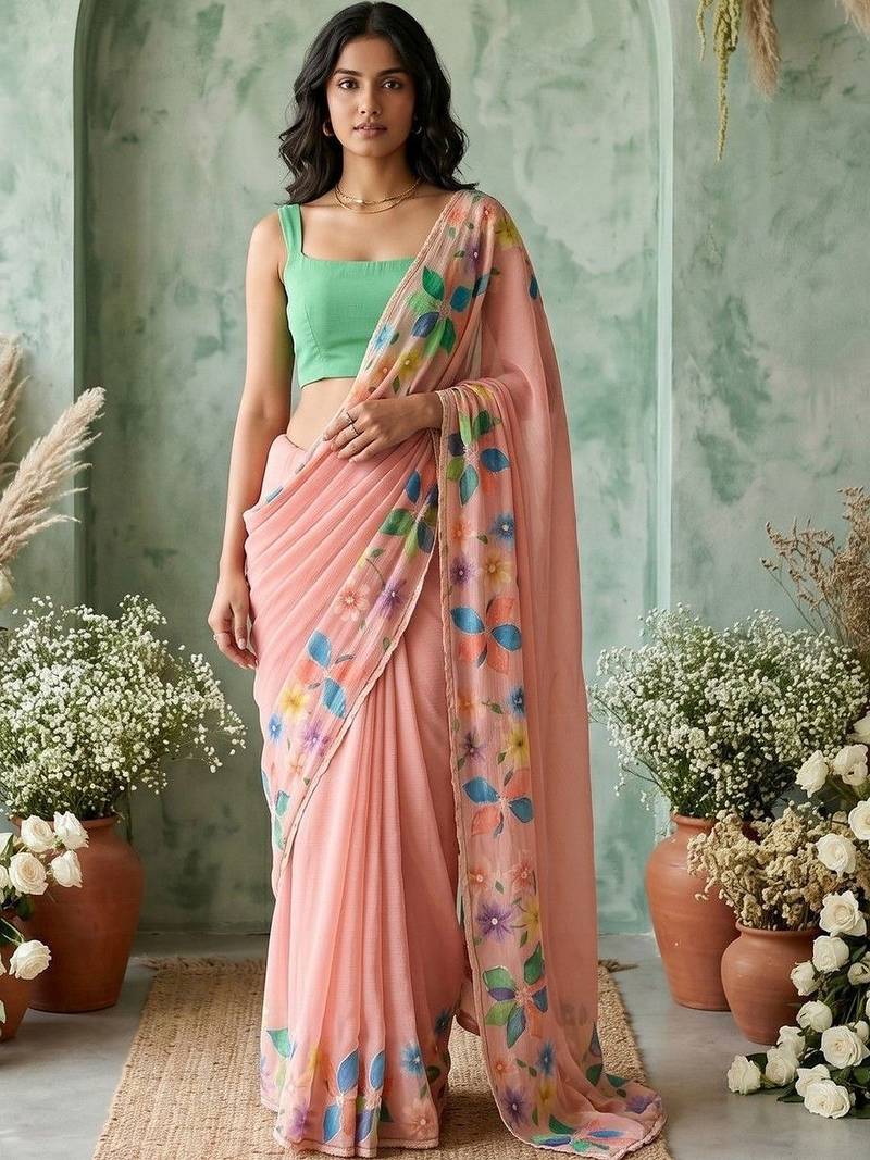 Peach floral aari work poly chiffon saree
