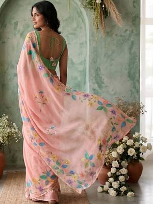 Peach floral aari work poly chiffon saree 2
