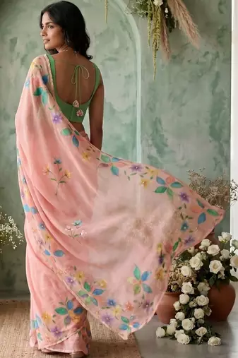 Peach floral aari work poly chiffon saree
