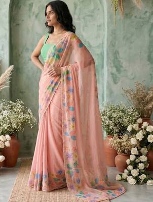 Peach floral aari work poly chiffon saree 3