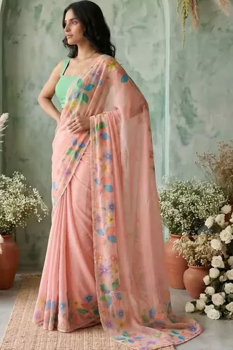 Peach floral aari work poly chiffon saree