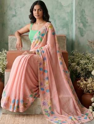 Peach floral aari work poly chiffon saree 4