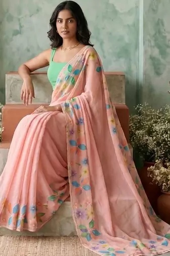 Peach floral aari work poly chiffon saree