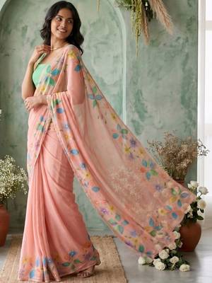 Peach floral aari work poly chiffon saree 5