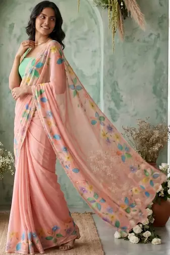 Peach floral aari work poly chiffon saree