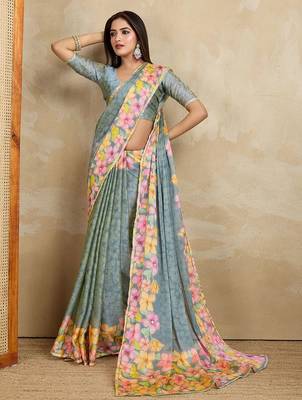 Blue floral aari work printed poly chiffon saree 2
