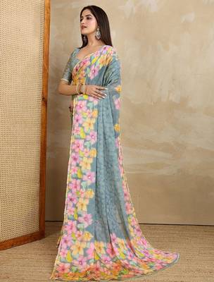 Blue floral aari work printed poly chiffon saree 3
