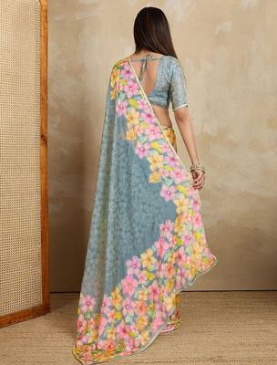 Blue floral aari work printed poly chiffon saree 4