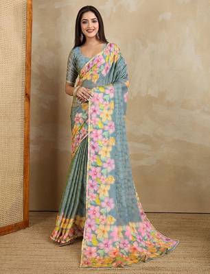 Blue floral aari work printed poly chiffon saree 5