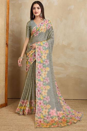 Grey floral printed saree