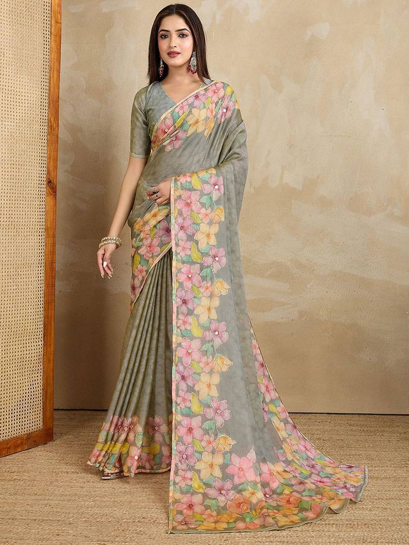Grey floral printed saree