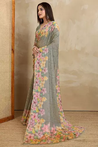 Grey floral printed saree