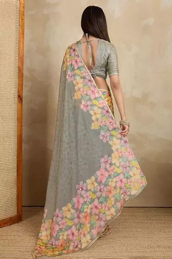 Grey floral printed saree