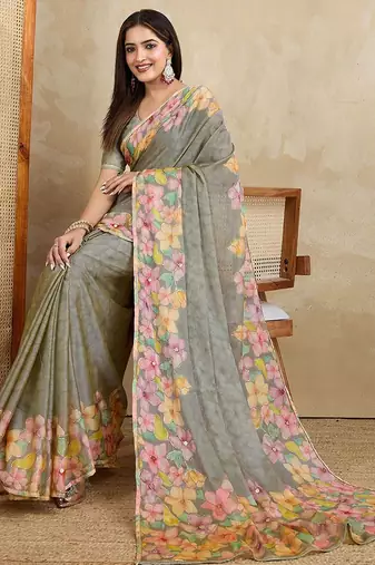 Grey floral printed saree