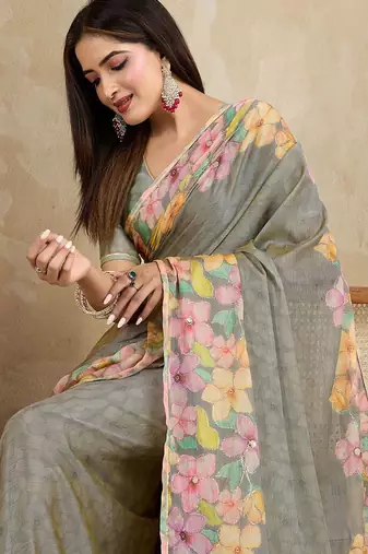 Grey floral printed saree