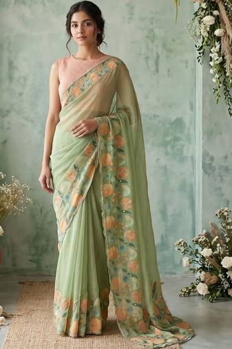 Sea green floral embroidered poly chiffon saree